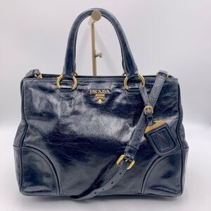 Prada Navy Blue Vitello Shine Medium 2way Shopping Tote Bag Preloved Purse